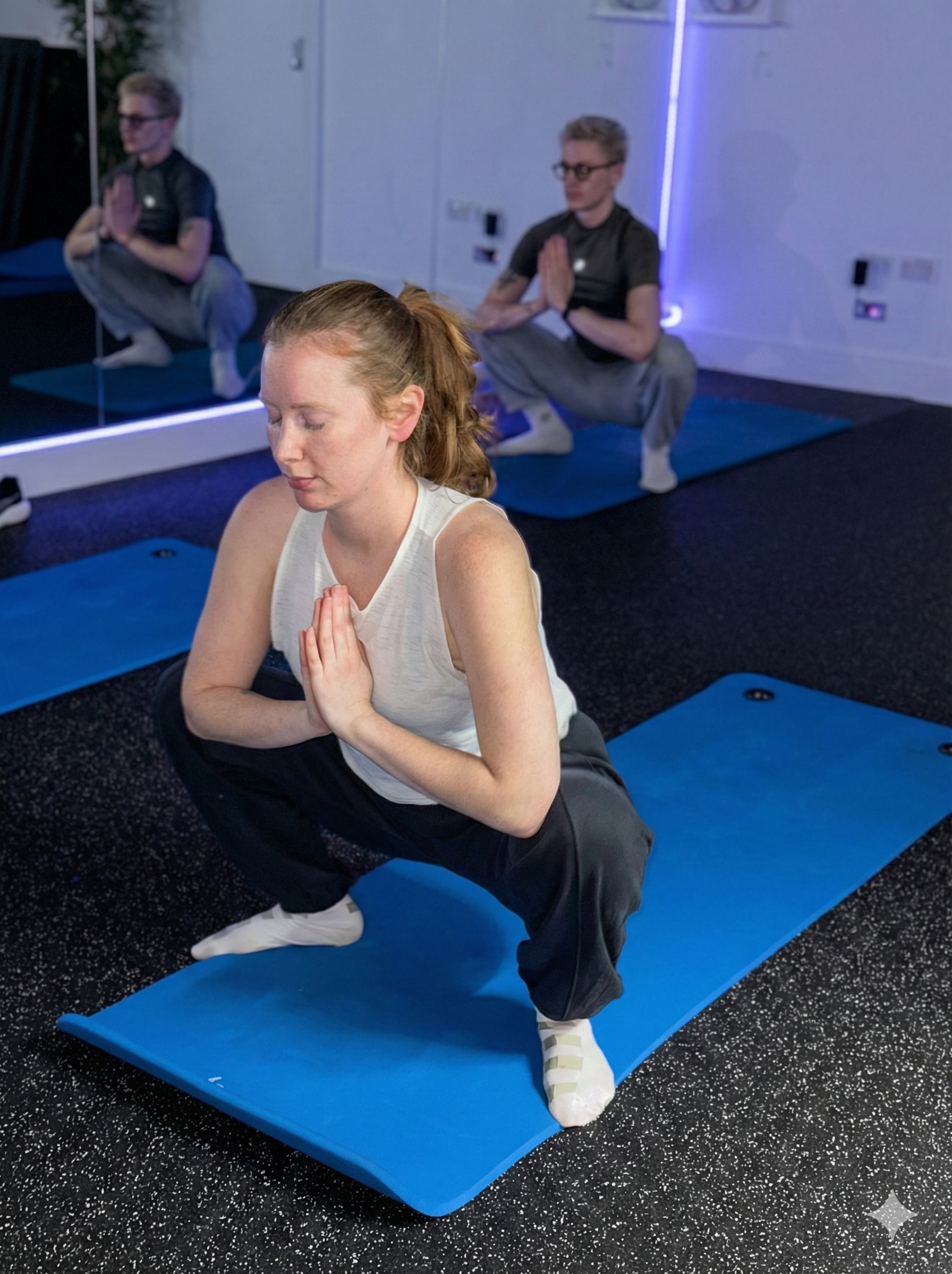 Yoga practitioner in malasana pose with prayer hands