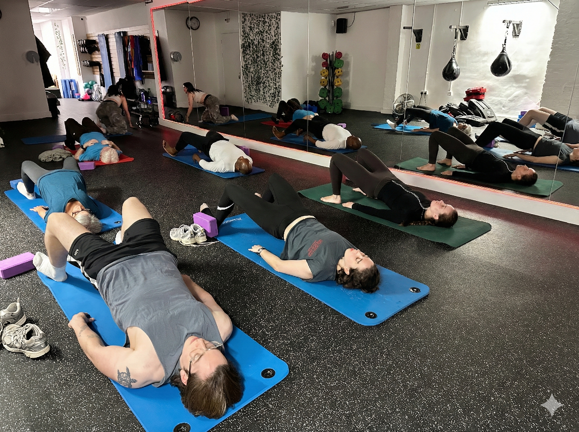 Yoga class in savasana relaxation pose